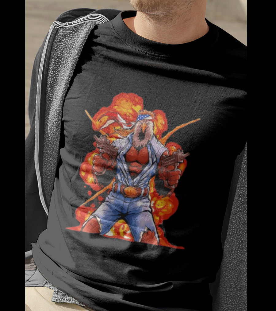 American Bald Eagle Fury Cartoon Bandana Dual Pistols Explosion T-Shirt