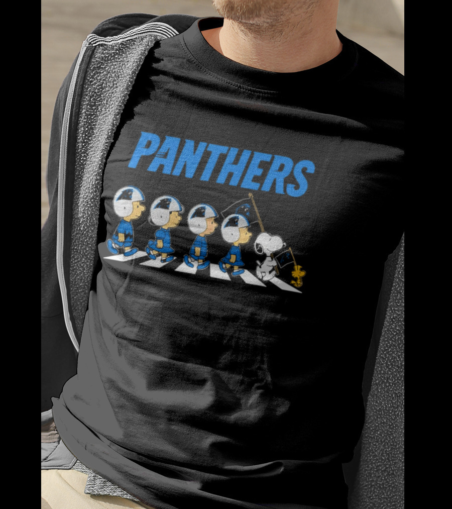 Peanuts Carolina Panthers Football Characters Walking With Flag T-Shirt