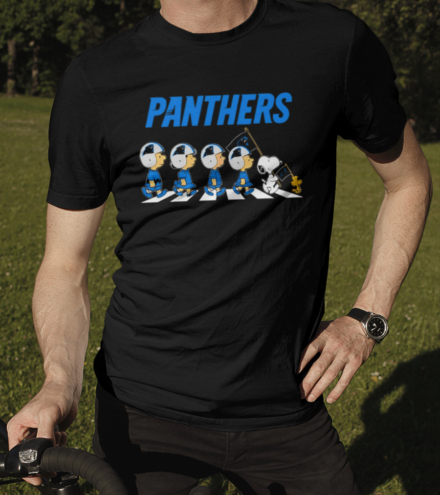 Peanuts Carolina Panthers Football Characters Walking With Flag T-Shirt