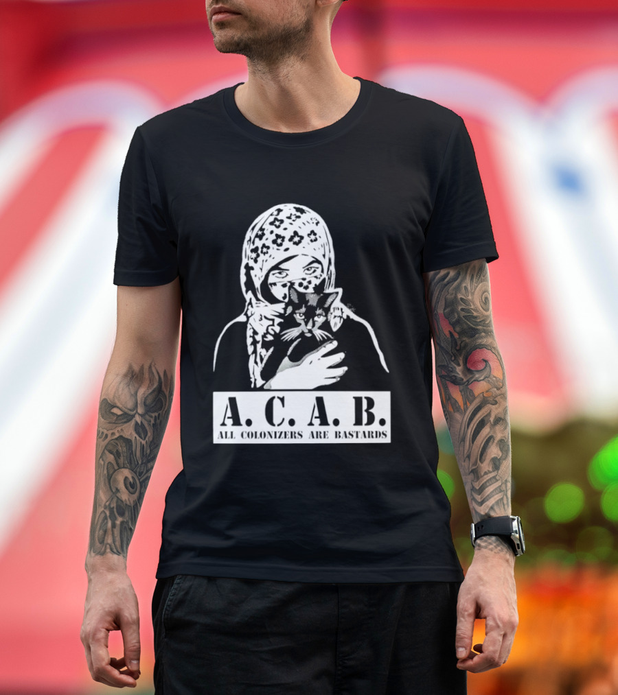 A.C.A.B. All Colonizers Are Bastards Protest Image With Floral Hijab Woman And Cat T-Shirt