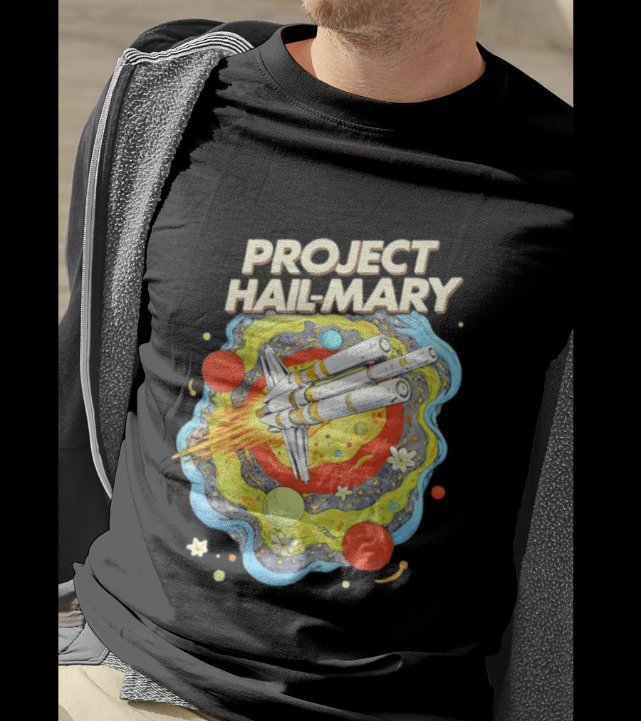 Project Hail Mary Rocket Launching Through Colorful Space Planets T-Shirt
