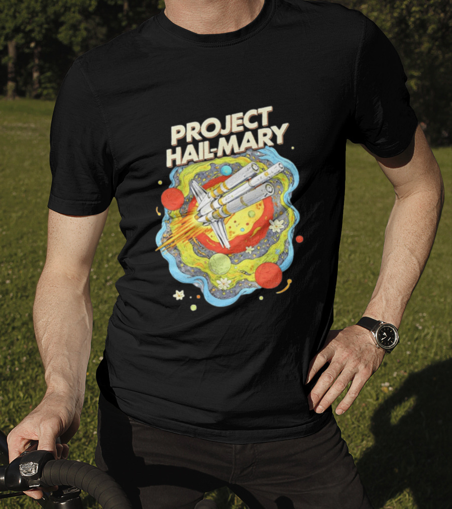 Project Hail Mary Rocket Launching Through Colorful Space Planets T-Shirt