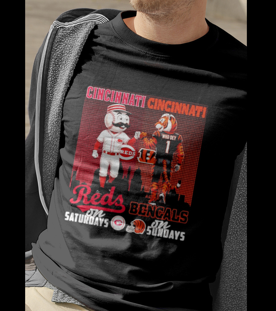 Cincinnati Reds Saturdays Vs Bengals Sundays City Mascots Skyline T-Shirt