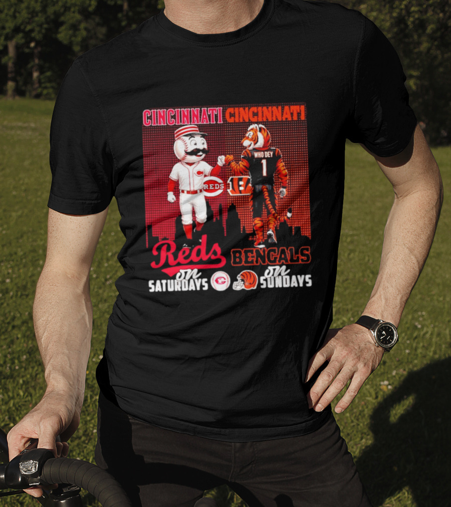 Cincinnati Reds Saturdays Vs Bengals Sundays City Mascots Skyline T-Shirt