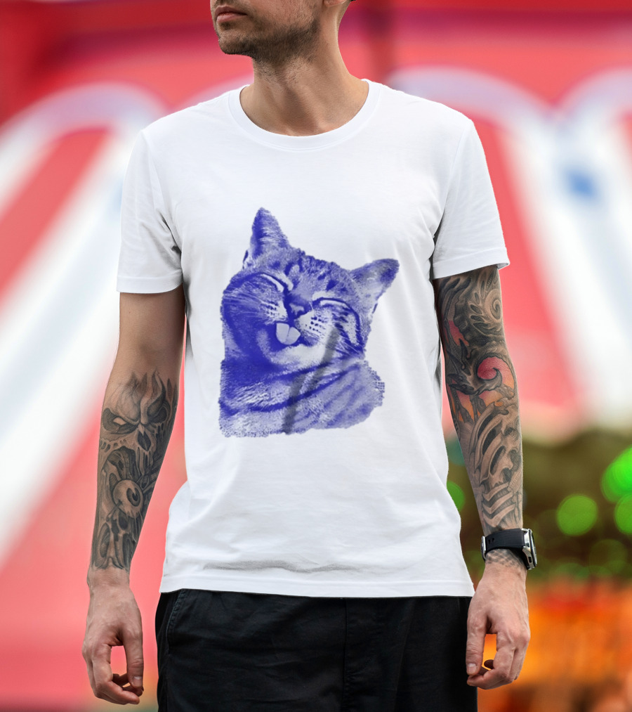 Playful Cat Sticking Out Tongue In Blue Tint T-Shirt