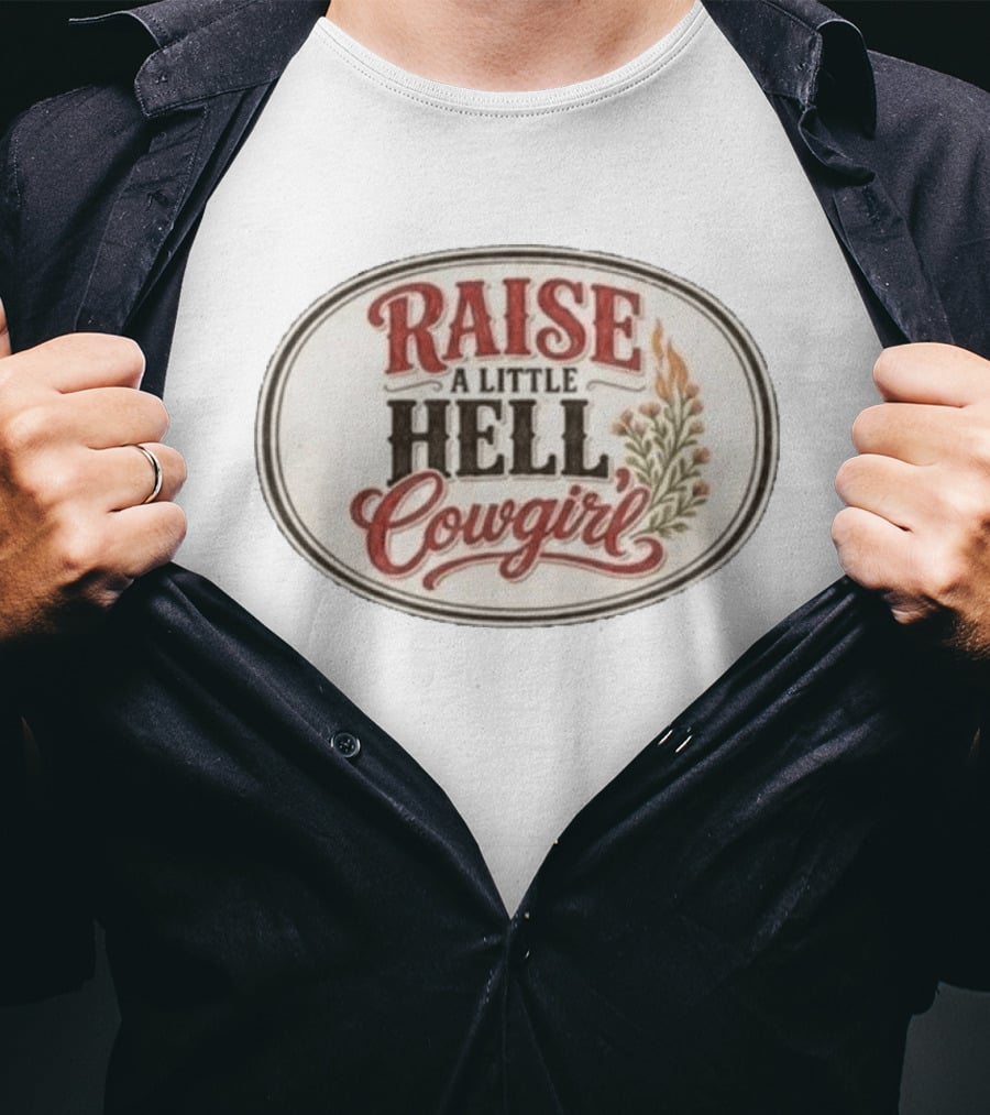 Raise A Little Hell Cowgirl Western Style Vintage Look T-Shirt
