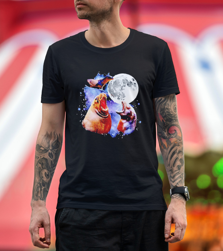 Sea Lion Trio Howling At The Moon In Outer Space Scene T-Shirt