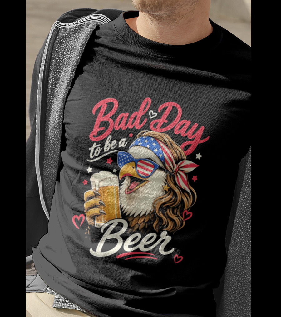 Bad Day To Be A Beer Patriotic Bald Eagle With American Flag Bandana And Heart Accents T-Shirt