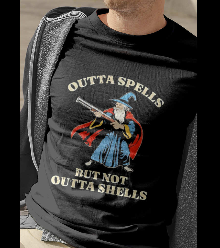 Outta Spells But Not Outta Shells Wizard Holding Shotgun T-Shirt