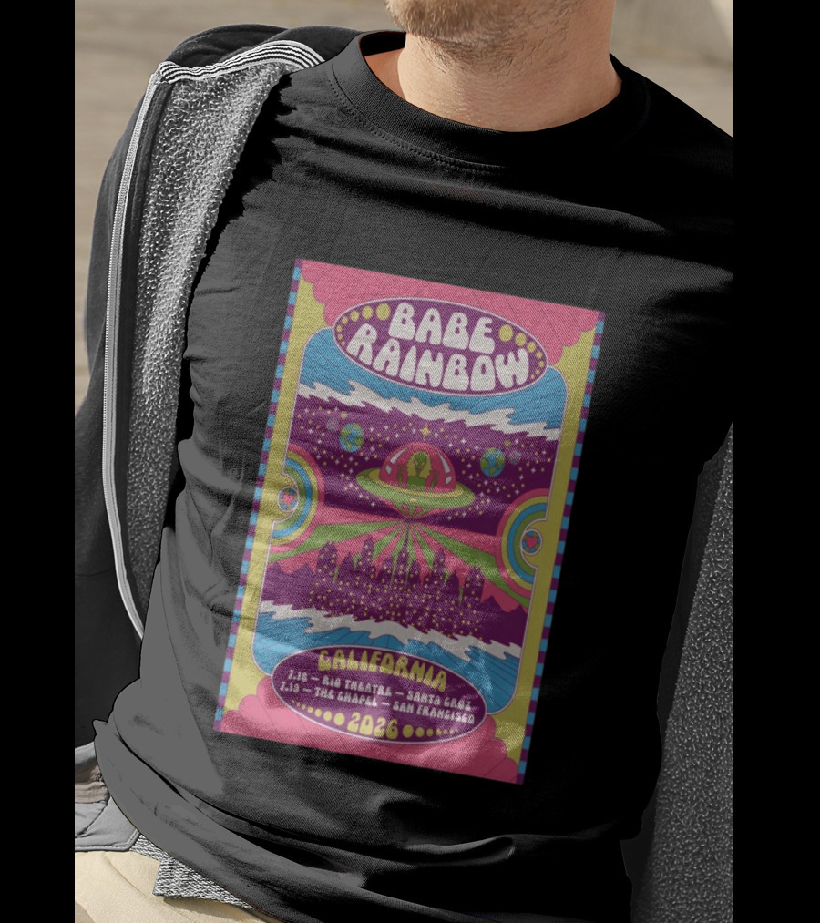 Babe Rainbow California Tour 2026 Rio Theatre Santa Cruz Chapel San Francisco Retro Alien Spaceship Psychedelic T-Shirt