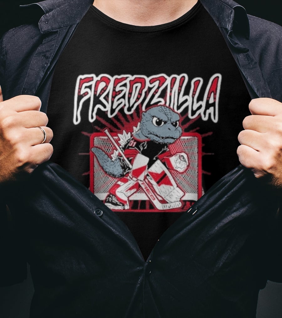 FredZilla Hockey Goalie Monster Art With Equipment And Net T-Shirt