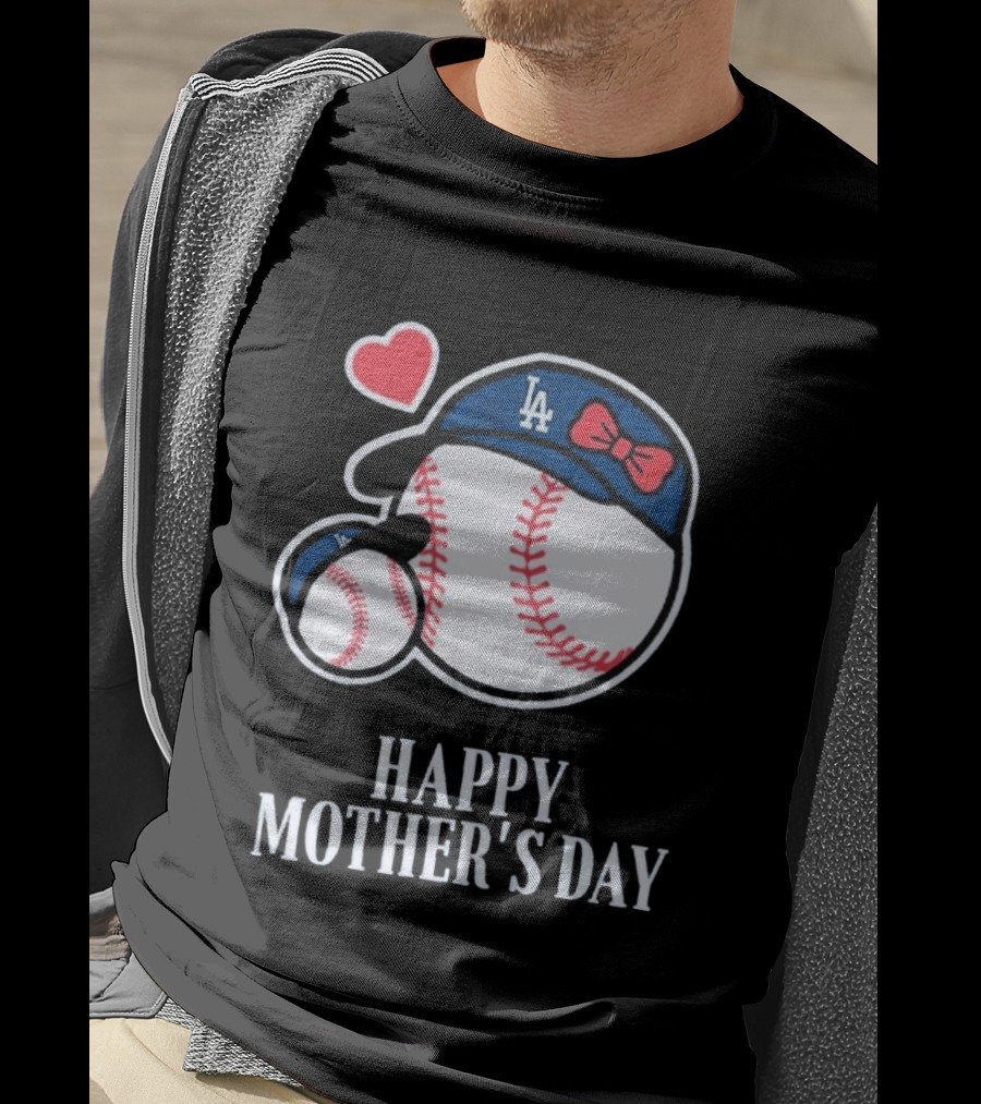 Happy Mother's Day 2026 LA Baseball Red Bow Heart T-Shirt