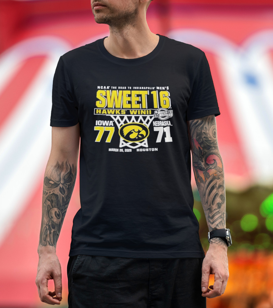 NCAA March Madness The Road To Indianapolis Men's Sweet 16 Hawks Win Iowa 77 Nebraska 71 March 25 1989 Houston T-Shirt