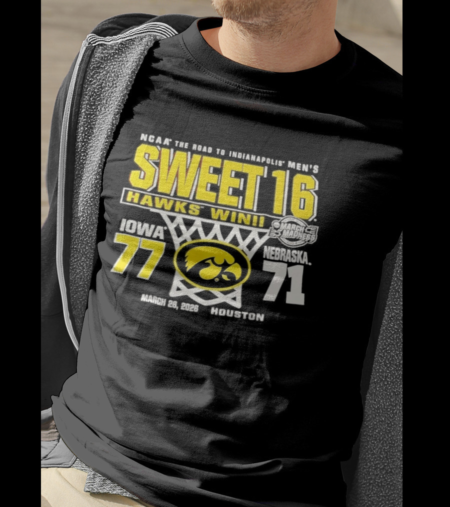 NCAA March Madness The Road To Indianapolis Men's Sweet 16 Hawks Win Iowa 77 Nebraska 71 March 25 1989 Houston T-Shirt