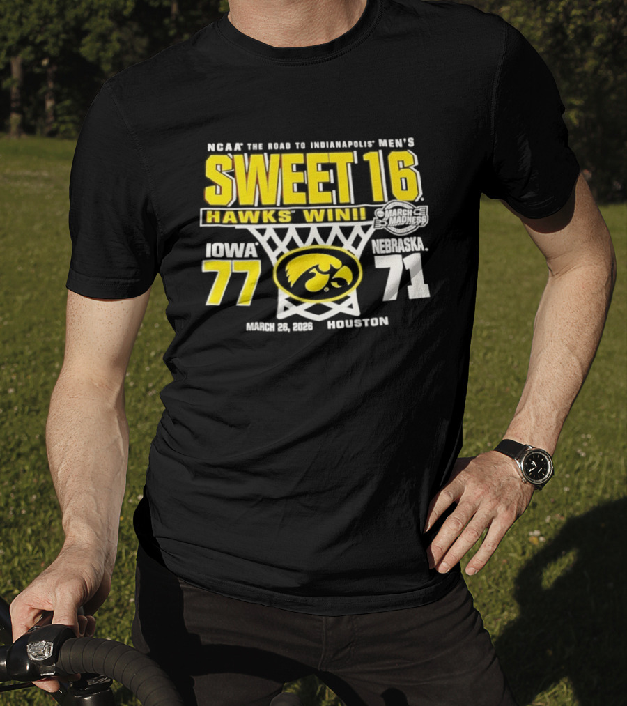 NCAA March Madness The Road To Indianapolis Men's Sweet 16 Hawks Win Iowa 77 Nebraska 71 March 25 1989 Houston T-Shirt
