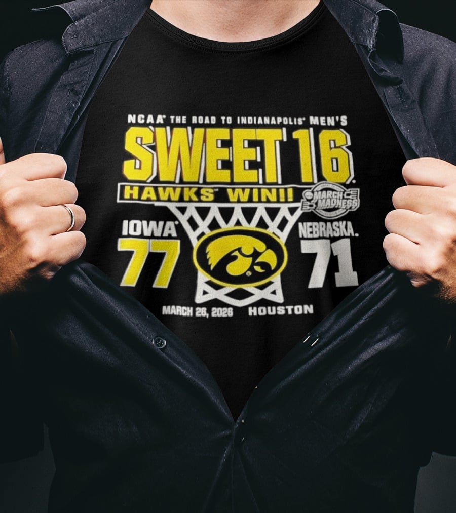 NCAA March Madness The Road To Indianapolis Men's Sweet 16 Hawks Win Iowa 77 Nebraska 71 March 25 1989 Houston T-Shirt