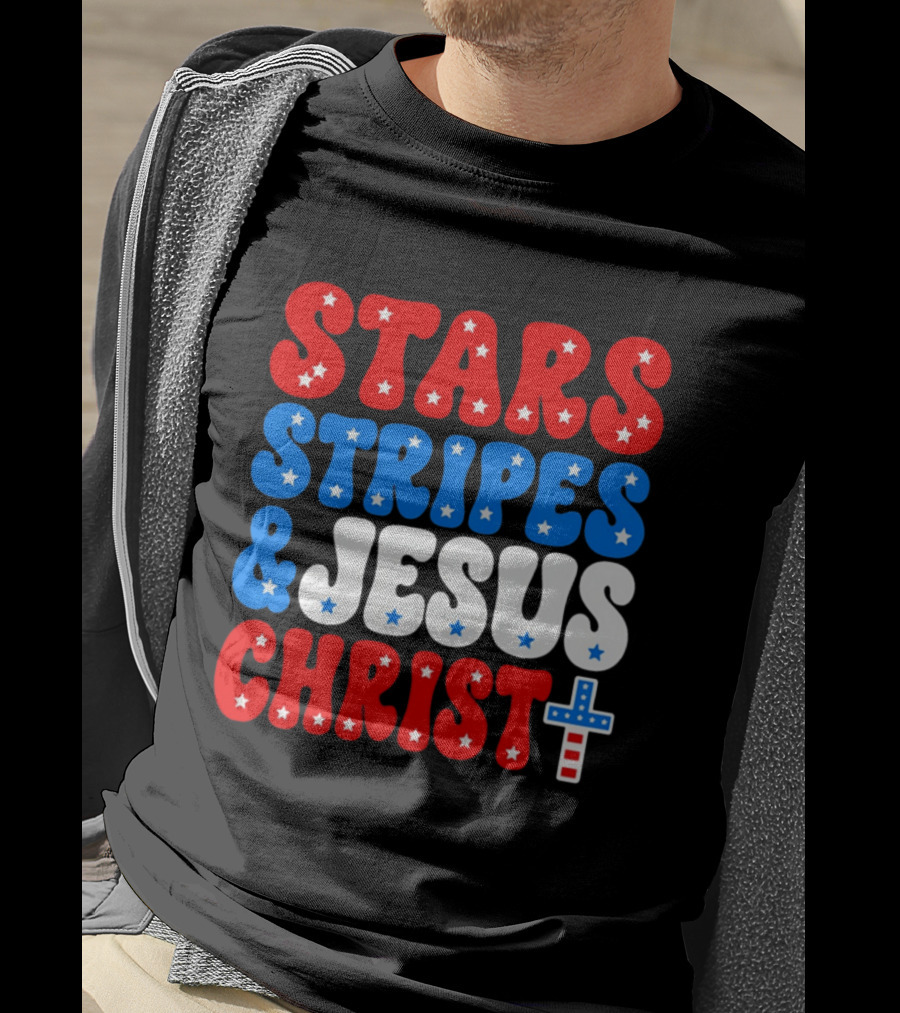 Patriotic Stars Stripes Jesus Christ Christian Faith Cross T-Shirt