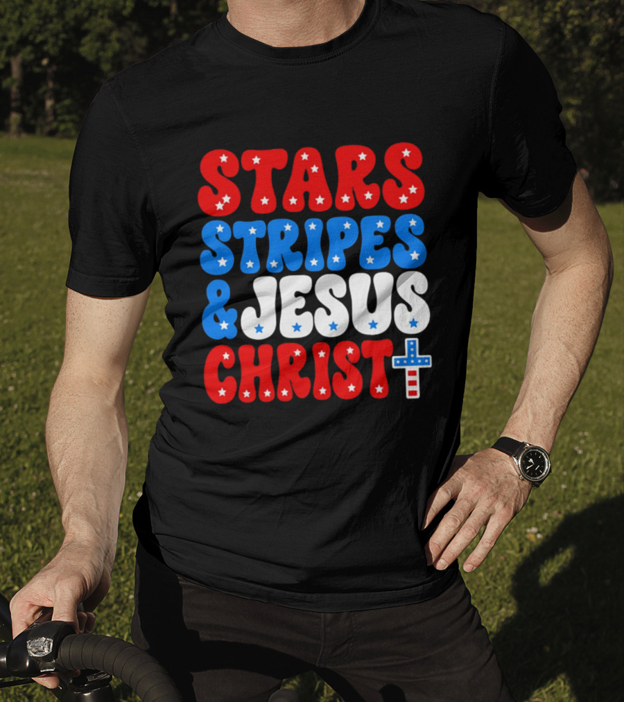 Patriotic Stars Stripes Jesus Christ Christian Faith Cross T-Shirt