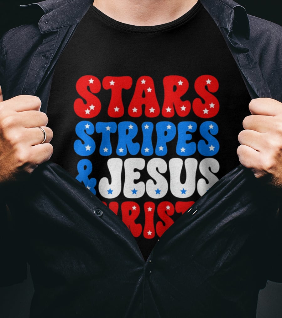 Patriotic Stars Stripes Jesus Christ Christian Faith Cross T-Shirt