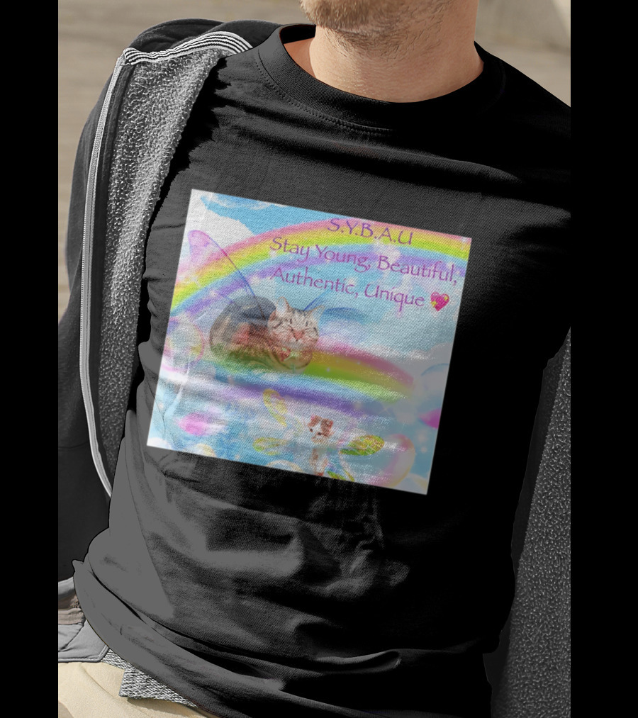 S.Y.B.A.U Stay Young Beautiful Authentic Unique Cat Rainbow Wings T-Shirt