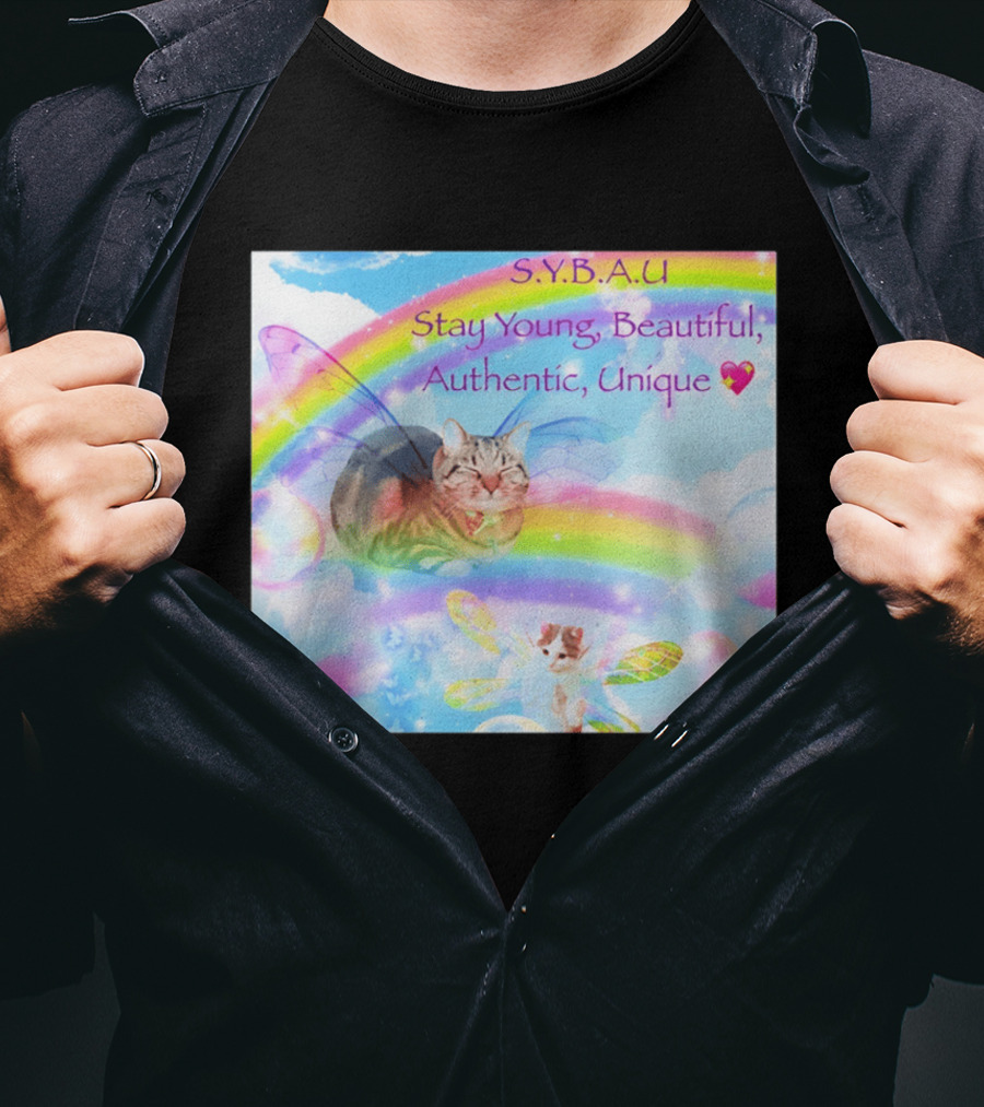 S.Y.B.A.U Stay Young Beautiful Authentic Unique Cat Rainbow Wings T-Shirt