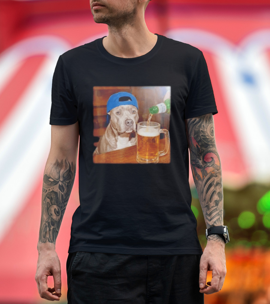 Pit Bull Drinking Beer Blue Cap Meme T-Shirt