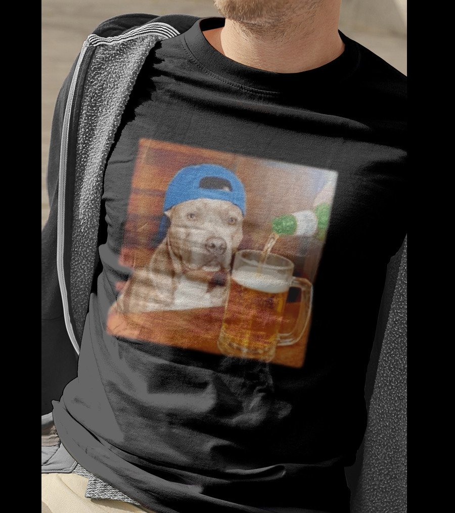 Pit Bull Drinking Beer Blue Cap Meme T-Shirt