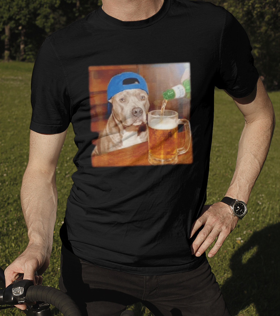 Pit Bull Drinking Beer Blue Cap Meme T-Shirt
