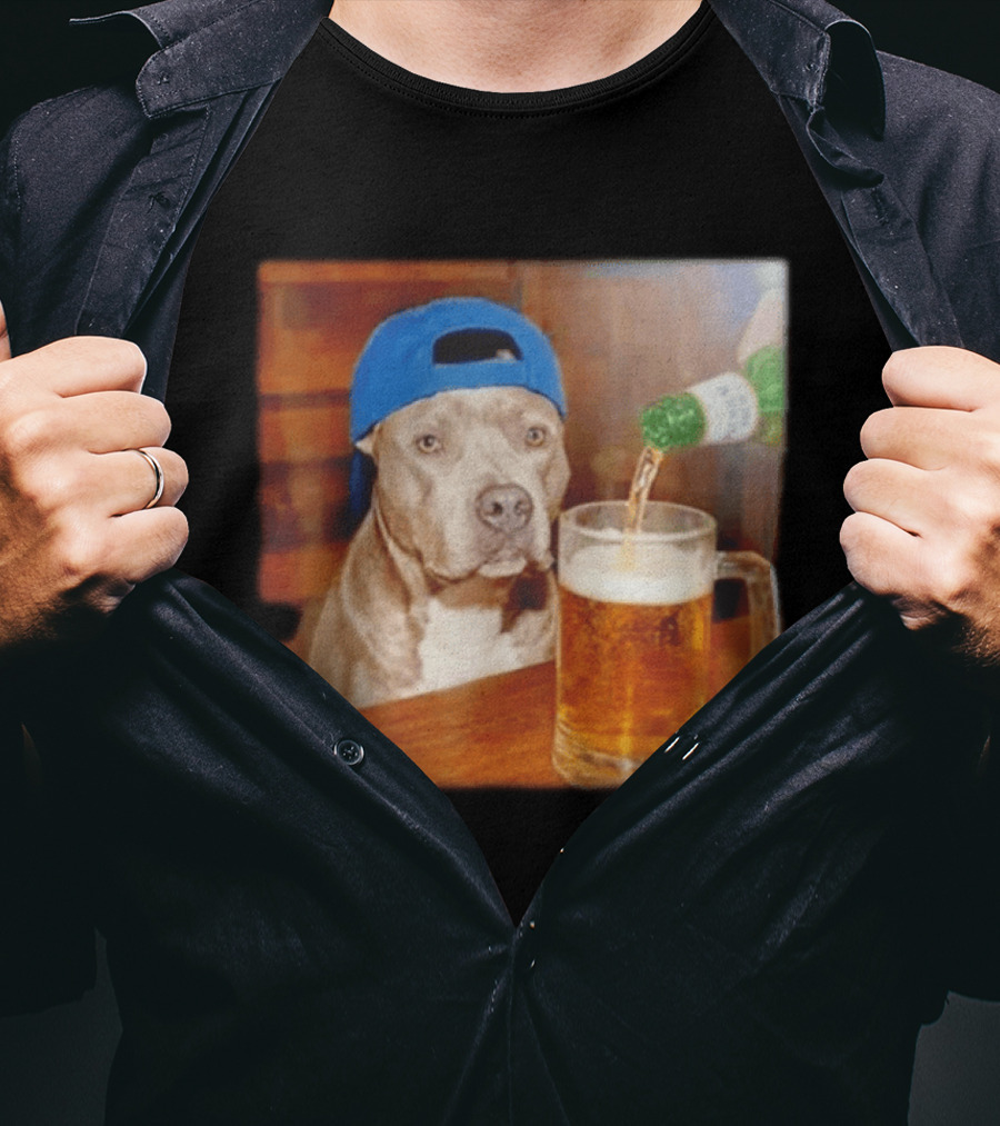 Pit Bull Drinking Beer Blue Cap Meme T-Shirt