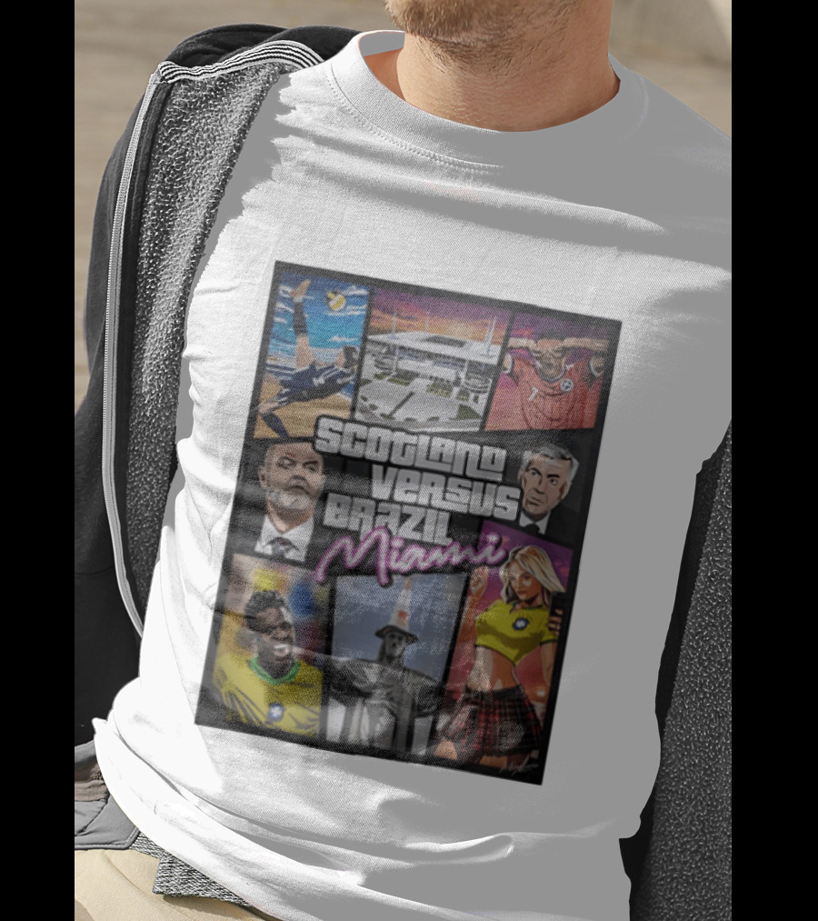 Scotland Versus Brazil Miami Comic Style Soccer Matchup T-Shirt
