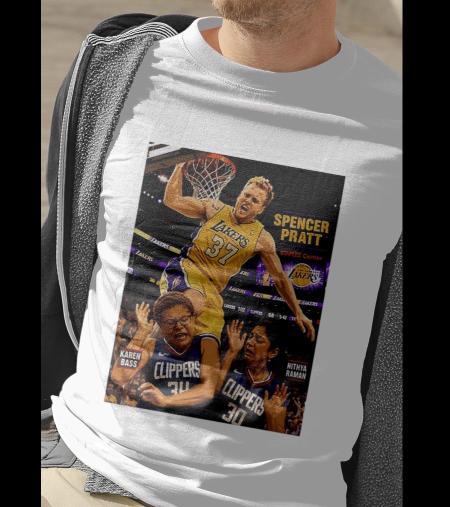 Los Angeles Lakers Spencer Pratt Dunks Staples Center Clippers Karen Bass Nithya Raman T-Shirt