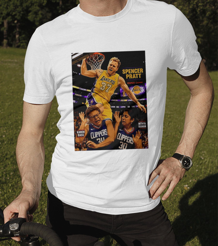 Los Angeles Lakers Spencer Pratt Dunks Staples Center Clippers Karen Bass Nithya Raman T-Shirt