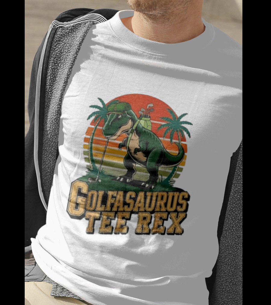 Golfasaurus Rex Rex Dinosaur Playing Golf Sunset Palm Trees T-Shirt