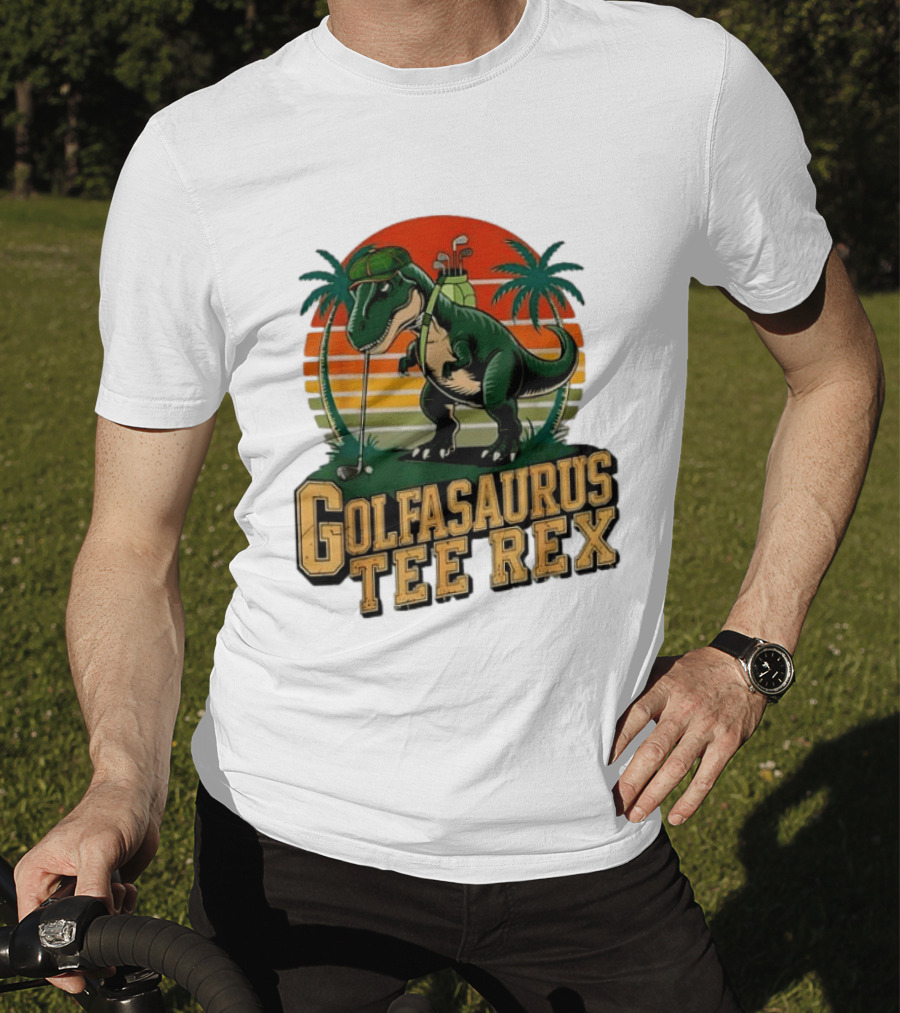 Golfasaurus Rex Rex Dinosaur Playing Golf Sunset Palm Trees T-Shirt