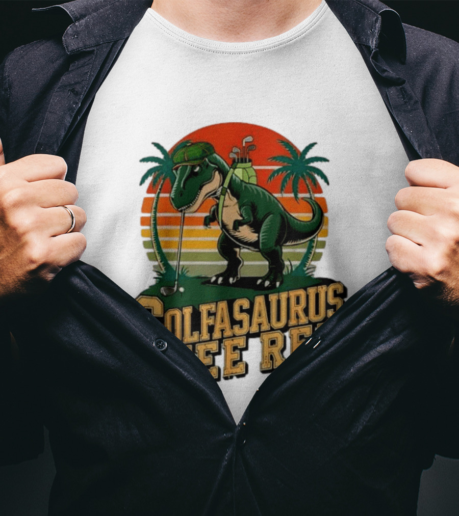 Golfasaurus Rex Rex Dinosaur Playing Golf Sunset Palm Trees T-Shirt