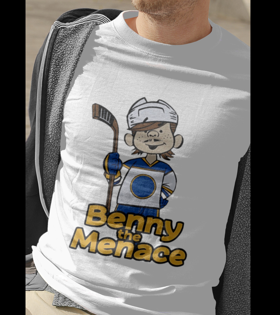 Benny The Menace Cartoon Character With Hockey Stick Buffalo Sabres T-Shirt