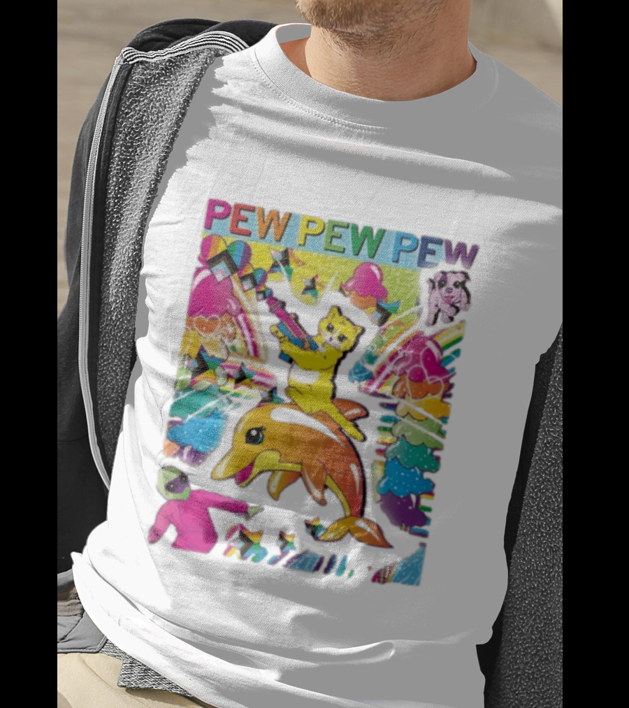 Pew Pew Pew Colorful Cat Dolphin Alien Rainbow T-Shirt