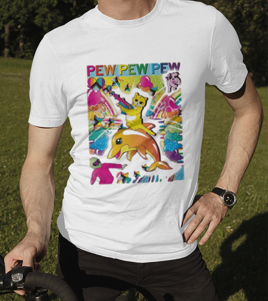 Pew Pew Pew Colorful Cat Dolphin Alien Rainbow T-Shirt