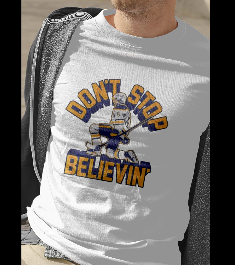 Don't Stop Believin' Hockey Player Number 6 Kneeling Pose T-Shirt