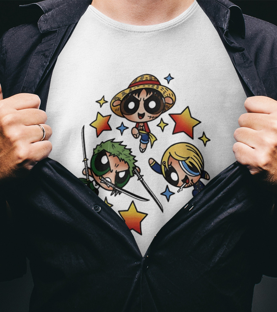 Luffy Zoro Sanji Fusion One Piece Powerpuff Girls Crossover Cute Anime Stars T-Shirt