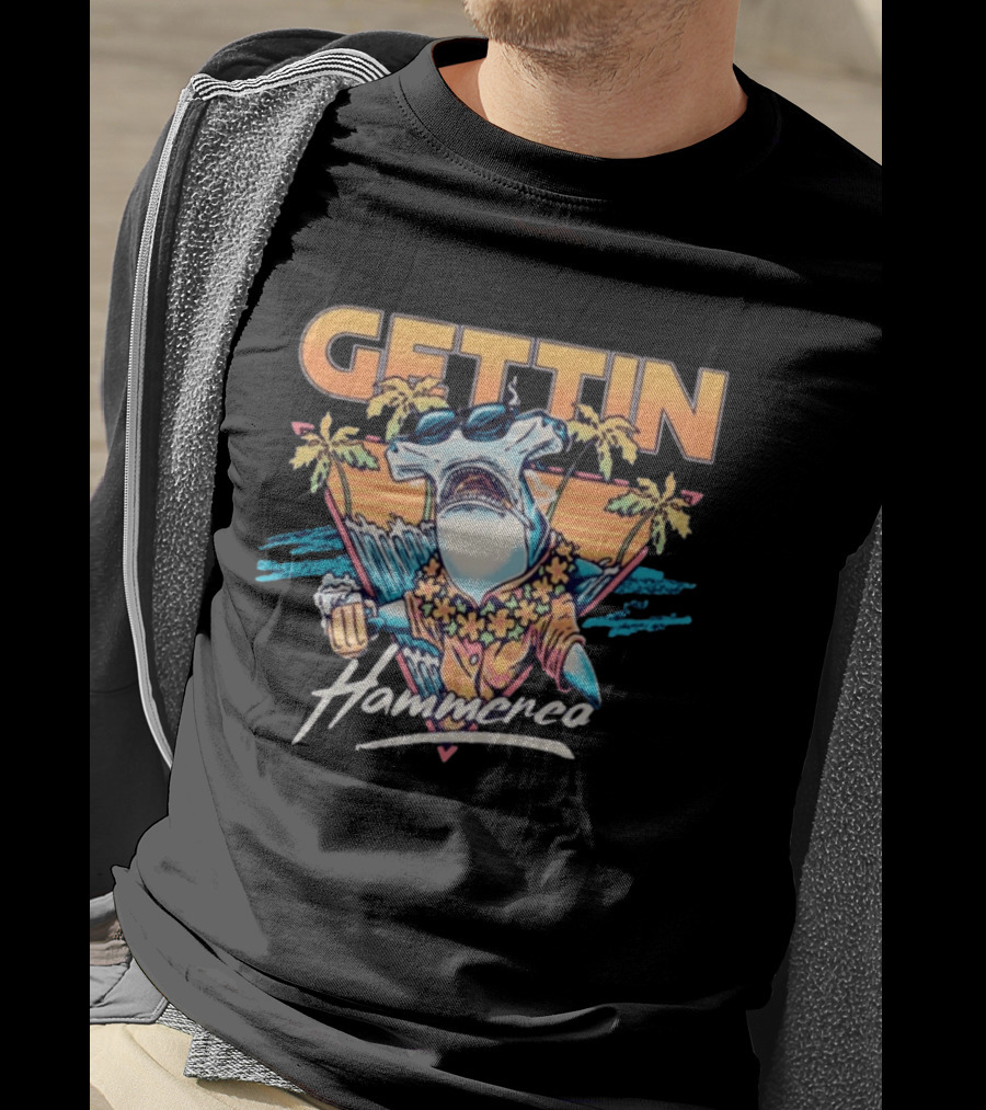 Gettin Hammered Shark Tropical Sunset Vibes T-Shirt