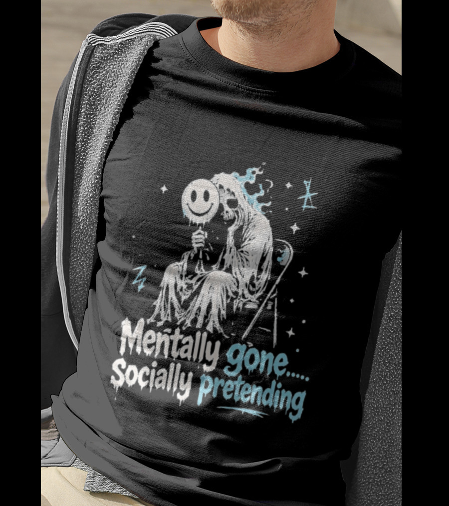 Mentally Gone Socially Pretending Goth Skull On Chair T-Shirt
