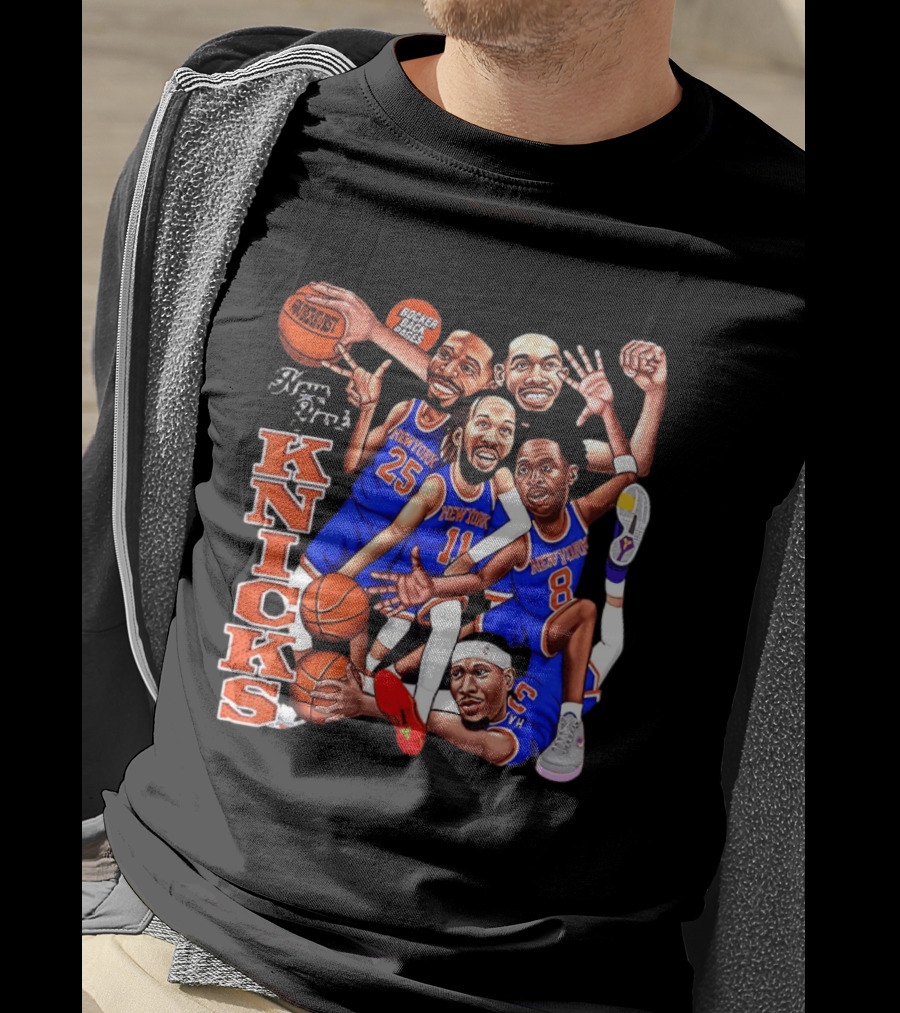 New York Knicks Starting Five 2026 Caricature Dunk Basketball Hoops T-Shirt