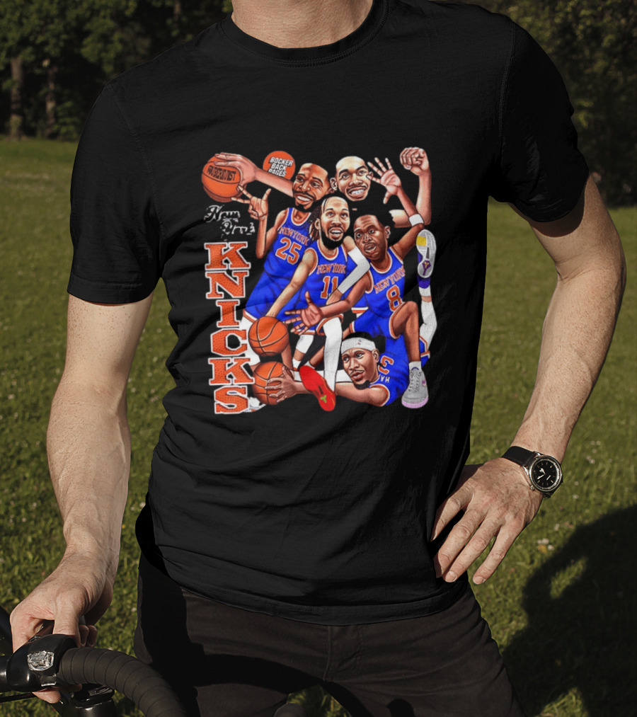 New York Knicks Starting Five 2026 Caricature Dunk Basketball Hoops T-Shirt