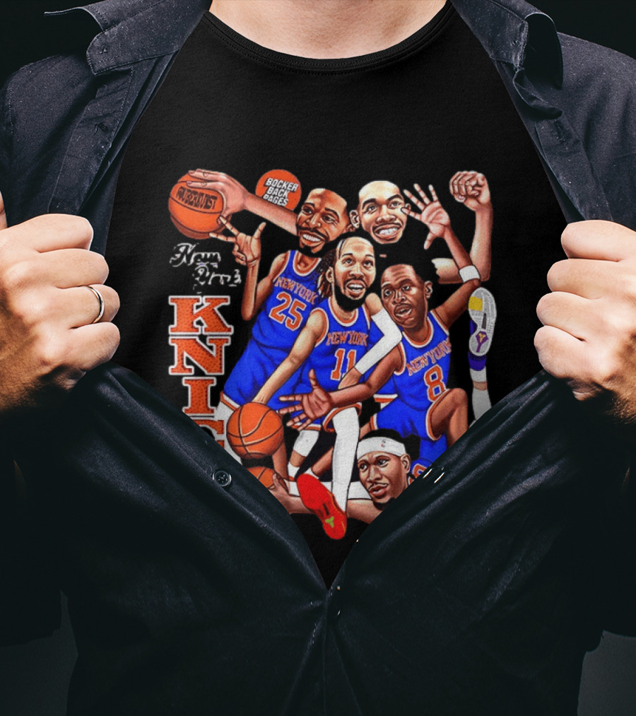 New York Knicks Starting Five 2026 Caricature Dunk Basketball Hoops T-Shirt