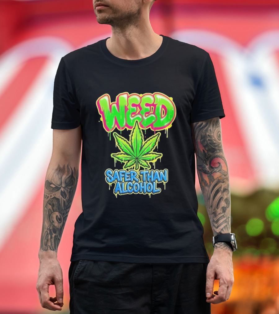 Weed Safer Than Alcohol Leaf Bright Graffiti T-Shirt