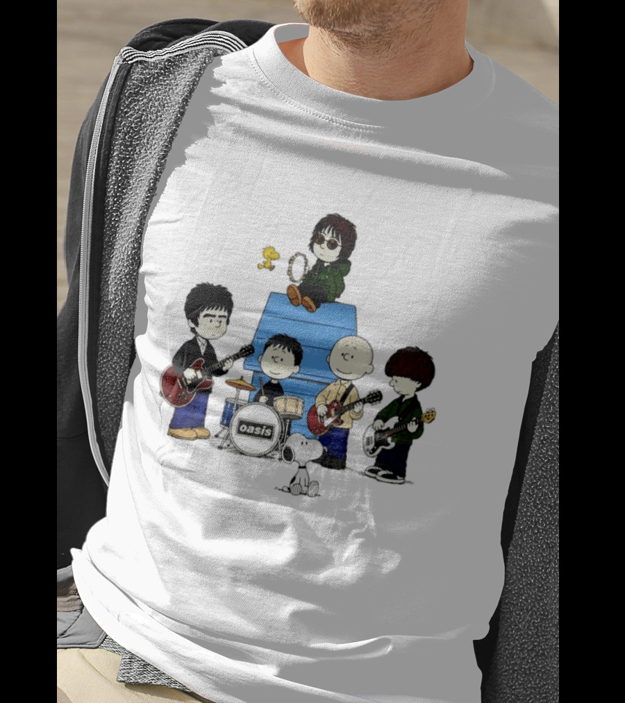 Snoopy Peanuts Oasis Band Cartoon Woodstock Drums Guitars T-Shirt