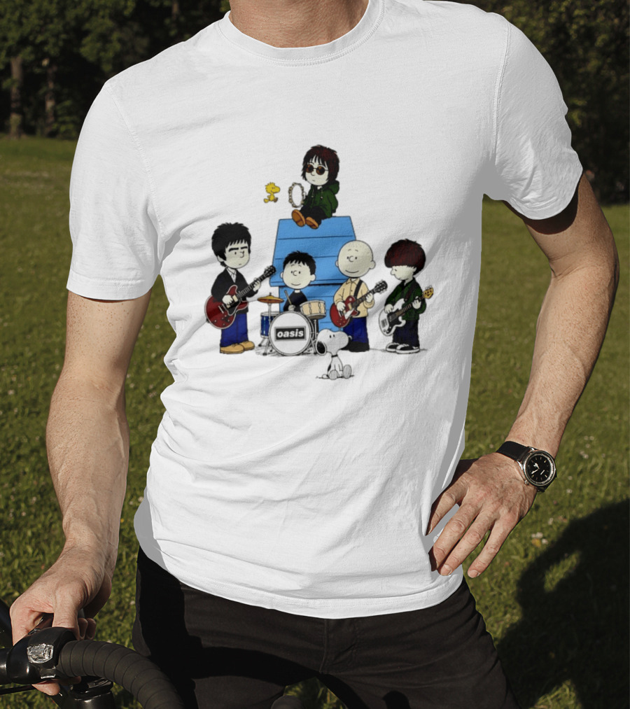 Snoopy Peanuts Oasis Band Cartoon Woodstock Drums Guitars T-Shirt