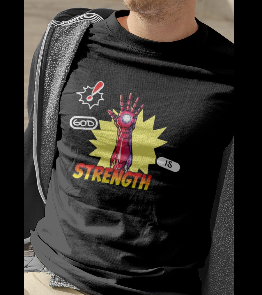 Iron Man God Is Strength Exclamation Comic Style Burst T-Shirt