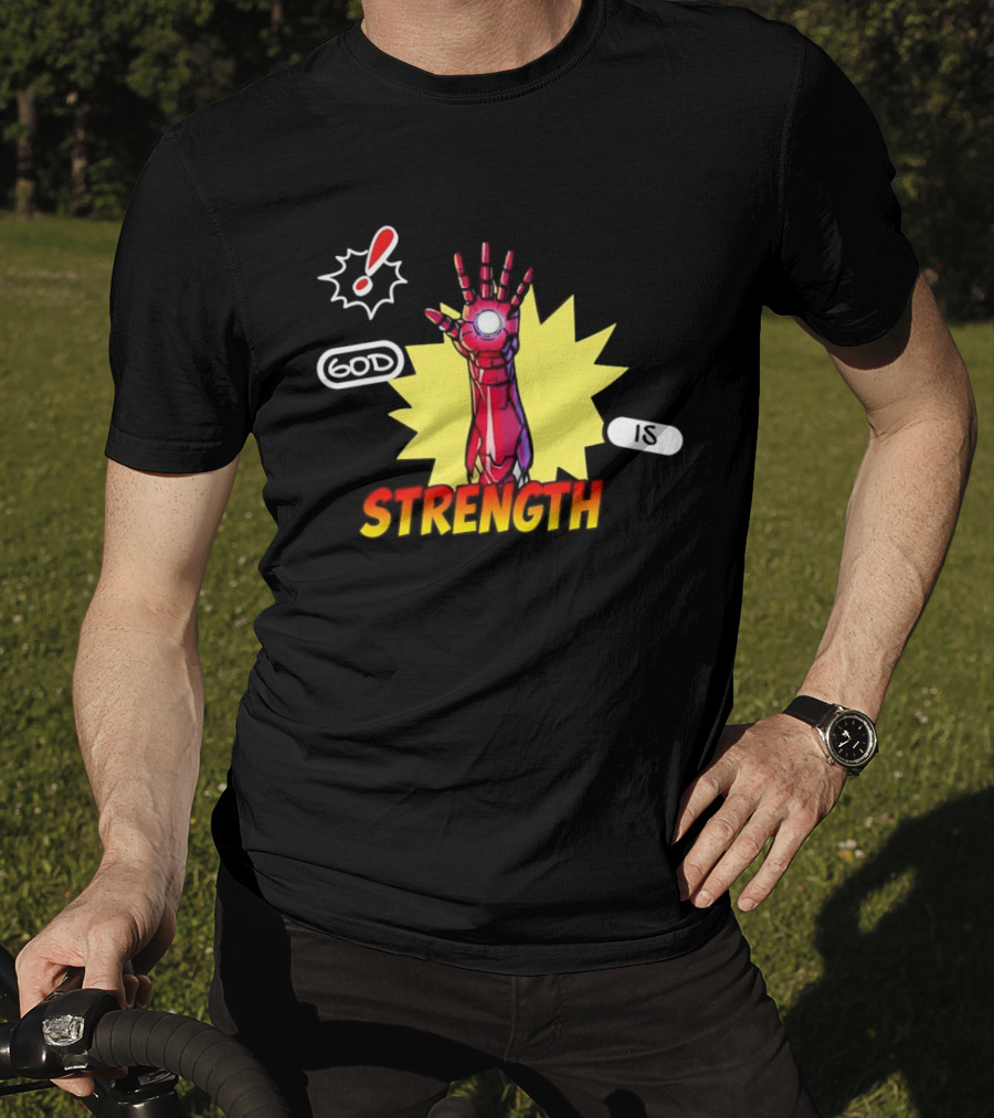 Iron Man God Is Strength Exclamation Comic Style Burst T-Shirt